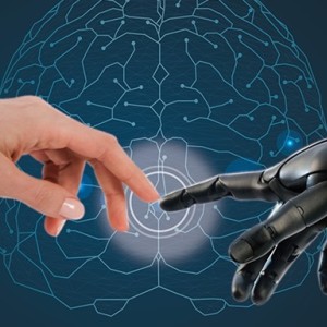 Illustration of human hand touching robotic hand