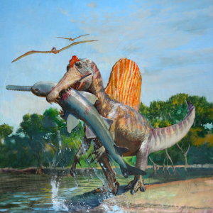 Spinosaurus feeding along the shore