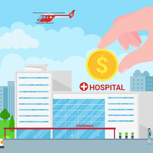 Illustration of a hospital with a hand holding a coin above it
