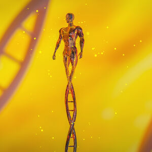Illustration of a superhero figure growing out of a DNA strand
