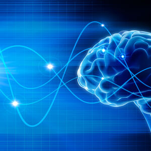 Illustration of a brain on a blue background with oscillating waves.